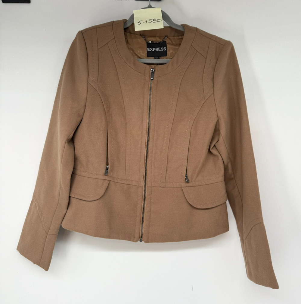 NWT Express Motorcycle Jacket Womens 8 Brown Structured Peplum Minimalist Chic